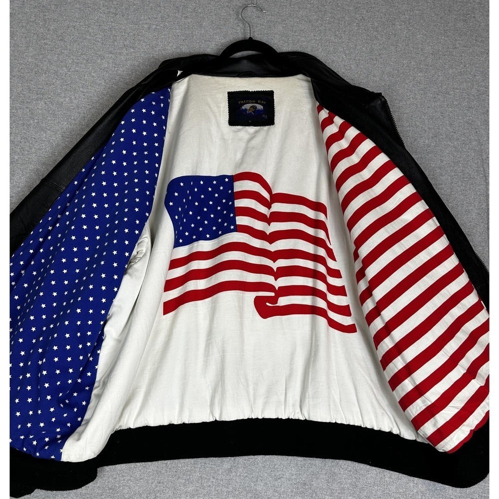 Falcon Bay Leather Jacket Mens 6X Black Bomber American Flag Lining Big Tall